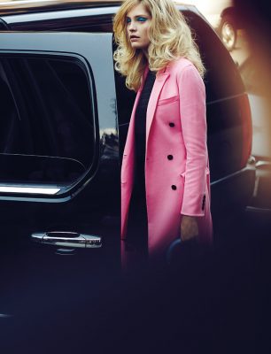Pink double-breasted cashmere coat, black quilted silk dress and Diorissimo flap bag, DIOR