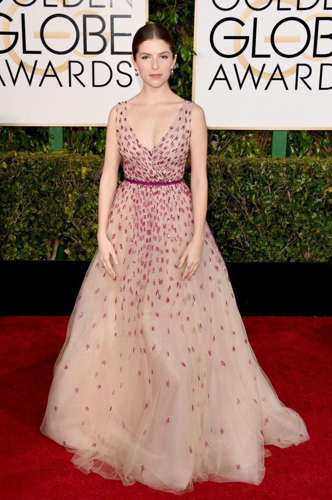 Anna Kendrick brings a touch of romance to the Golden Globes in a blush Monique Lhuillier gown. Photography by Jason Merritt/Getty Images.