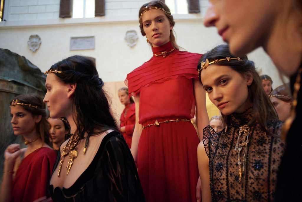 Models in Piazza Mignanelli for the autumn/winter 2015 Haute Couture show