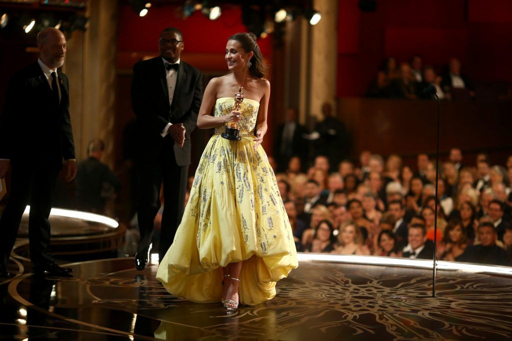 Actress Alicia Vikander, winner of Best Supporting Actress award for The Danish Girl, walks offstage at the 88th Annual Academy Awards