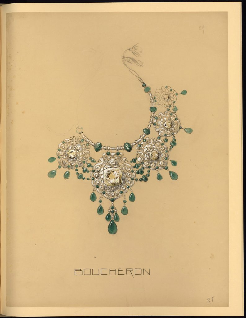 A Boucheron design proposal for a necklace for Bhupinder Singh, Maharajah of Patiala, using some of the hoard of gems that he brought to the Maison in 1928