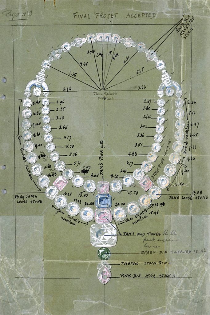 Cartier's design for a diamond necklace for an Indian client(circa 1930s) combines the client's own stones wit Cartier diamonds, in a Mughal-influenced art Deco style