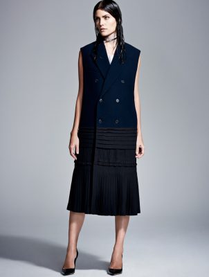 Sleeveless jacket, cotton top, pleated skirt, Dioroscope necklace and Dioressence shoes, CHRISTIAN DIOR