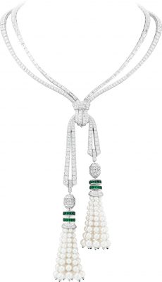 Grand Opus necklace - White gold, round, baguette-cut and princess-cut diamonds, buff-topped square-cut emeralds, white cultured pearls, 3 carved emeralds for 127.88 carats (Colombia). Transformable necklace, earrings and clip with detachable pendants.