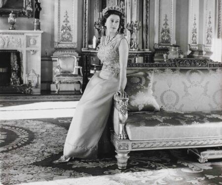 Queen Elizabeth II standing in the White Drawing Room, Buckingham Palace. Official portrait by Cecil Beaton, 1968. Royal Collection Trust / © Her Majesty Queen Elizabeth II 2016.