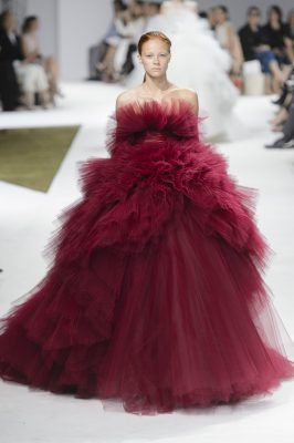 Italian fashion designer Giambattista Valli’s signature dresses sashayed down the runway with enough multi-layered tulle to trip over. These bank-busting gowns boast overwhelming streams of luxe taffeta and plush plissé, much to the admiration of the star-studded front row.