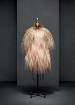 This Yves Saint Laurent evening dress from their autumn/winter 1969-70 collection is machine-sewn and hand-finished with nude silk gauze and white, black, and brown silk bird-of-paradise feathers. Swoon. © The Metropolitan Museum of Art/Nicholas Alan Cope