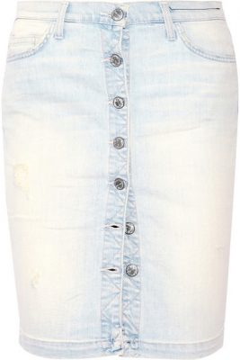 Current/Elliott's light-blue pencil skirt features Jenner’s distressed style for a worn-in feel. Feeling sultry in the summer heat? Leave a few bottom buttons undone and wear with a front slit. This classic five-pocket design sits comfortably at the waist and looks great with an off-shoulder blouse.