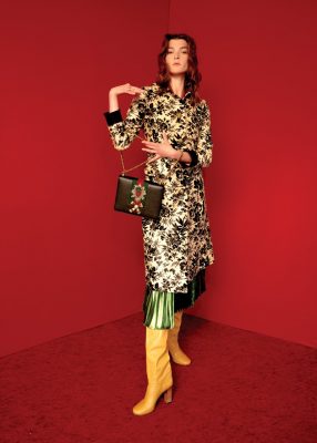 Coat, skirt and bag, GUCCI | Top, KENZO | Ring, EN ATTENDANT SERGE | Boots, CÉLINE