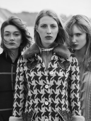 Sophia wears black shirt, MARNI | Cape, M MISSONI | White gold earrings LARA BOHINC Chiara wears white dress and necklace, VICTORIA BECKHAM | Coat, GUCCIEva wears pink knitted jumper with chain detailing, COACH 1941