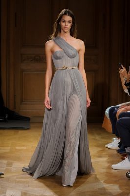 Vionnet's grecian style pleated gown in dove grey is an elegant eveningwear option.