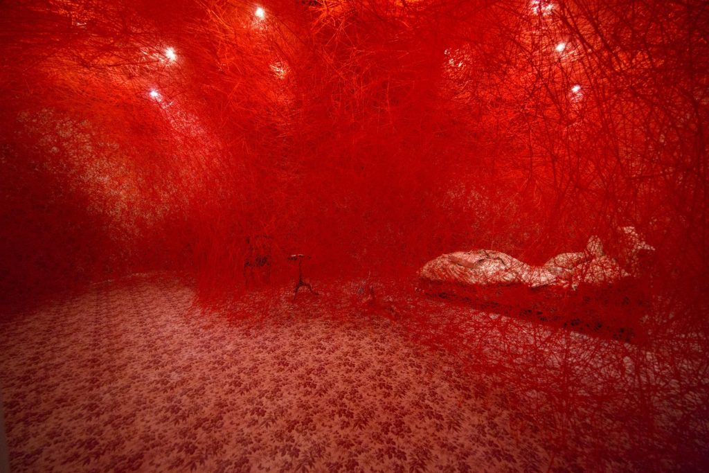 The Gucci Herbarium Room by Chiharu Shiota uses the brand’s iconic pattern. Image courtesy of Gucci
