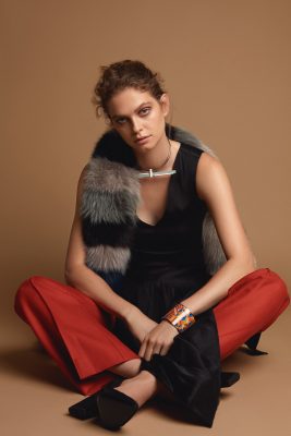 Top and trousers Céline | Fur stole, MARNI | Bangle and necklace, HERMES