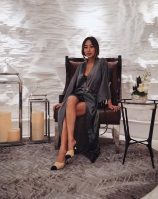 Sleek and sensual, Song reveals her intimate side with silk robe and a pair of pointed-top heels – ideal for those relaxing spa treatments. Image courtesy of @songofstyle
