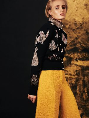 Layering might be an important take home for the season, but texture is key. Look to embroidered jumpers, beaded collars and coarse trousers to add opposing dimensions.Top, MARNI | Cardigan, ALEXANDER MCQUEEN | Trousers, MAX MAR
