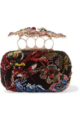 The Embellished: Alexander McQueen  A precious treasure to wear on your hand, this impeccably crafted box clutch made from black satin and tulle and is ornately decorated with Swarovski crystal