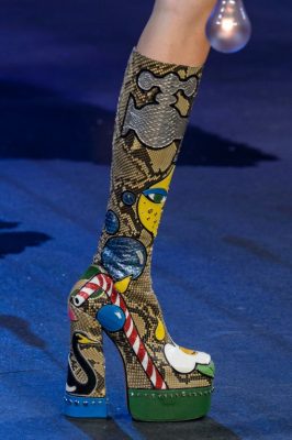 Marc Jacobs paired sunny brights and candy canes with the flowers that adorned his chunky footwear.