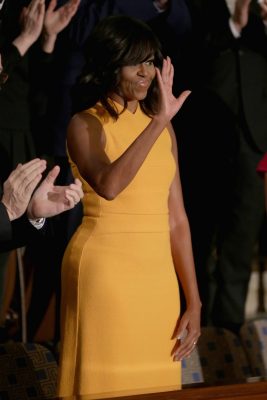 This marigold wool crepe dress by Narciso Rodriguez was worn for President Obama's final State of Union address.