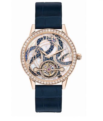 Montblanc Bohème ExoTourbillon: Limited to a very exclusive 10 pieces, this stunning timepiece was created to celebrate Montblanc's 110th anniversary. A serpent motif in blue and gold lacquer winds its way around the dial and is set with diamonds that represent scales and rubies for eyes