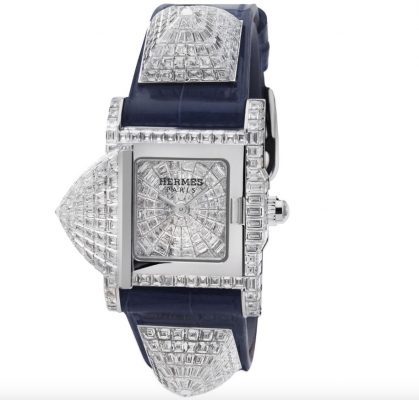 Hermès Médor Serti Baguette: Inspired by the traditional dog collars and horse harnesses the French Maison used to make, the clever design of the Médor Serti Baguette sees the dial hidden behind a diamond encrusted cabochon.