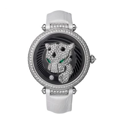 The panther has long been an iconic motif for Cartier, and the majestic creature once again provides inspiration for the Cartier Panthere Joueuse timepiece. The Maison’s latest release features an ornate gemstone-set panther, which seemingly emerges from the dial to reach for a diamond ball. In total, the movement consists of 214 components and 25 jewels. It also boasts a power reserve of 48 hours.