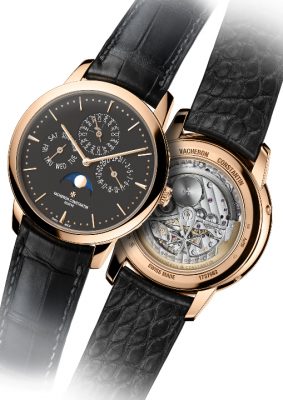 The new Patrimony Perpetual Calendar by Vacheron Constantin now comes in a pink gold version and a new slate-coloured dial for SIHH 2017.  Powered by the Caliber 1120 QP, this ultra-thin mechanical self-winding movement achieves unparalleled elegance. Water-resistant up to 30 metres, the Patrimony Perpetual Calendar features a transparent sapphire crystal caseback, as well as an 18-karat gold folding clasp and alligator leather strap.