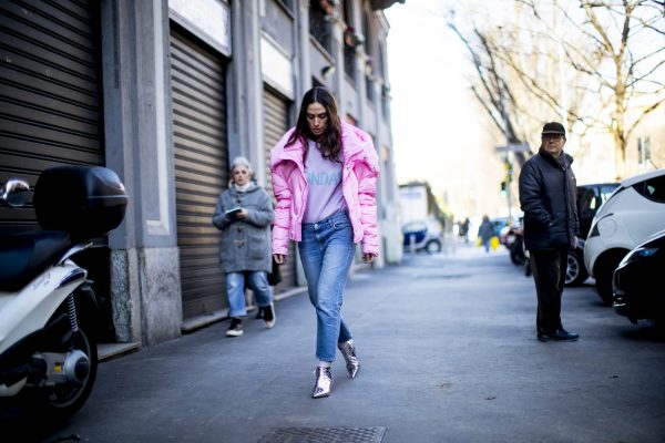 A candy pink puffer, vintage-style denim and silver ankle boots channel 80's nostalgia.