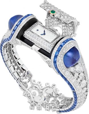 Van Cleef & Arpels continues to push the boundaries of decadence with this exceptional timepiece titled, Heure Marine. Secret watches have been a specialty of the Maison since the Thirties, and to mark SIHH 2017 the brand has unveiled this white gold, mother-of-pearl unique piece, which boasts a manual winding mechanical movement. Its white and yellow gold bracelet is studded with pear-shaped and baguette0cut diamonds, as well as buff-topped sapphires
