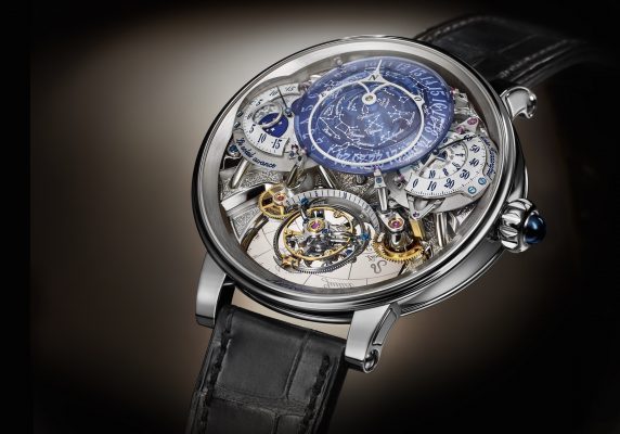 Récital 20 Astérium, BOVET 1822. Available in various gold and platinum, this exceptional timepiece boasts an innovative time display that offers a celestial view of our planet, complete with star clusters and constellations.