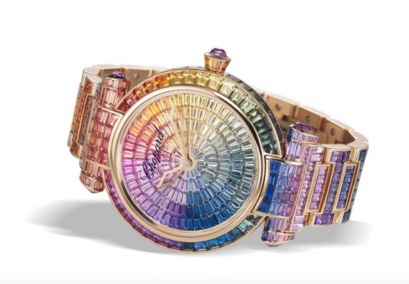 Imperiale Joaillerie, CHOPARD. Anise-green, blood-red and ocean-blue dominates this mesmerising timepiece that’s drenched in rainbow colours that immediately draw the eye to 581 sapphires and various set stones totalling 47.98 carats.