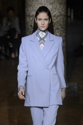 Emilia Wickstead’s collection was modest and authoritative with high-neck blouse and structured power suit.