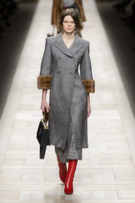Fendi: “It’s the morning after the night before,” read the first sentence of the show notes at Fendi’s autumn/winter17 show. Elegant fur coats were superbly tailored, while bold autumn colours were worn with classic greys and caramels. Prince of Wales herringbone wools were carefully paired with patent thigh-high boots, pillar-box red hoops and oversized sunglasses.