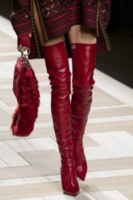 Sky-high boots are doused in confidence-enhancing red for a spicy spell of sass. Whether it was a futuristic style at Annakiki or a sophisticated update at Fendi, bold shades of scarlet were in high supply.Fendi autumn/winter17