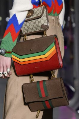 The runways give new meaning to the term ‘bag lady’. Designers such as Fendi and Gucci reimagined firm favourites, mixing and matching multiple handbags for maximised storage.Gucci autumn/winter17