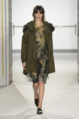 Jasper Conran: An autumnal palette ensued at Jasper Conran with khaki green, amber, brown and oxblood forming the backbone of the collection. Slouchy knits and oversized coats created a cosy feeling while streamline trousers and cut out tops had evening dressing covered.