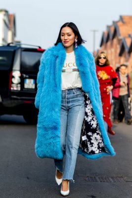 Power Pelts: Statement furs in colourful hues see out Milan's chilly spring climes and instantly dress up a jeans and tee combo.