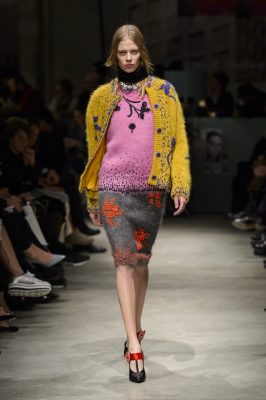 Miuccia's mix and match approach to colour was evident on the runway with shades of pink, yellow and grey colour blocked against each other.