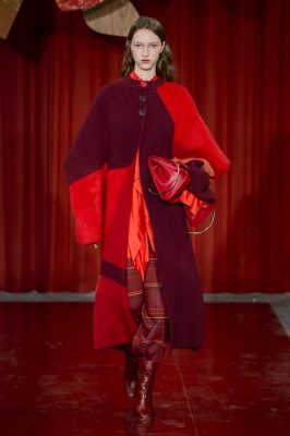 Roksanda: The Serbian’s ‘warrior women’ wore a powerful palette of reds ranging from rust to crimson and ruby. Patent leather, puffed up sleeves and quilting summoned strength while silky harem pants and decadent detailing recalled the aesthetics of the East