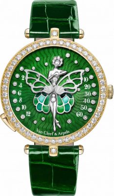 Lady Arpels Ballerine Enchantée d'Orient, VAN CLEEF & ARPELS. A 40mm yellow gold case is worn alongside a yellow gold bezel set with round diamonds and a guilloché enamel dial with a sculpted white gold ballerina made from round and pear-cut diamonds.