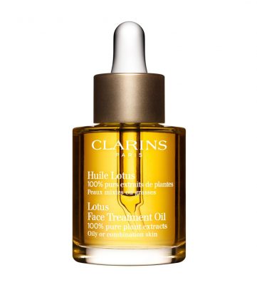 The Oil Inhibitor: Clarins, Lotus Face Treatment Oil  Best for: Oil balance  The treatment, which has a powerfully sweet aroma, results in fewer blemishes and blackheads. Hazelnut oil softens, soothes and seals in moisture, preventing fine lines. Made from 100% plant extracts, essential oils help rebalance the skin and tighten pores.