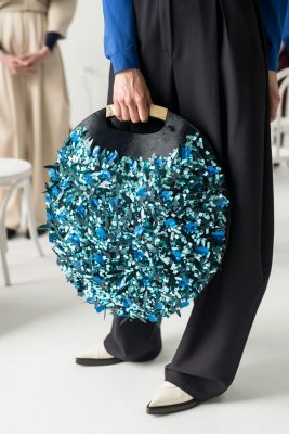 Delpozo: Unconventional round bags appeared at Delpozo embellished in captivating hues of teal and blue.