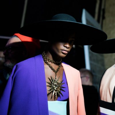 Fausto Puglisi: Chic oversized hats and jewels played up the drama and added an air of mystery at Fausto Puglisi.