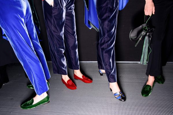 Giorgio Armani: Beautiful fabrics in rich indigo blue gave off an iridescent sheen at Giorgio Armani.