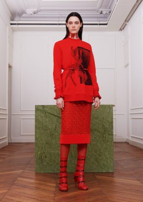 Givenchy. With the departure of Riccardo Tisci, the brand revisits its legacy and DNA through a reinterpretation of its most iconic silhouettes from the last twelve years all dipped in signature Givenchy red. Yes, stars, ruffles, religious motifs and even the street style famous Bambi print appeared in the vibrant shade.