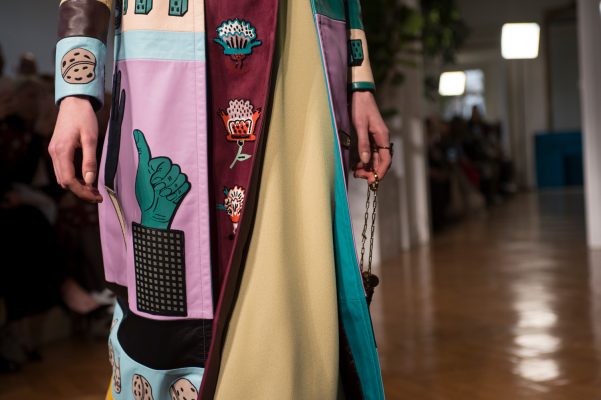 Valentino: Pierpaolo Piccioli’s collection featured sorbet shades, vibrant reds, black and florals as well as surrealist prints of hands and abstract squiggles. Embellishment in the form of sequins, appliqué flowers and plissé pleating added extra dimension and points of interest to outfits