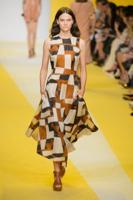 Abstract: Impressionistic patterns are a good entry for those reluctant to experiment with wildly patterned prints. Look for unobtrusive tonal versions, such as this dress by Akris, that can be livened up with statement accessories.