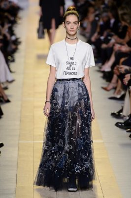 Christian Dior. While the T-shirt itself may have reached its zenith, the combination of the cotton top and bejewelled skirt is one that continually inspires. Look to the reflective matte beading of embroidered lightweight skirts and pair with your favourite slogan tee or crisp cotton dress shirt.