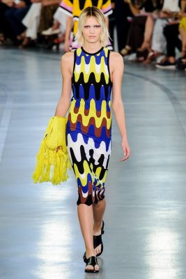 Colour riot: For those unafraid to experiment, opt for vivid patterns in standout hues. Keep silhouettes simple like this Emilio Pucci column dress in order to avoid overcomplicating.