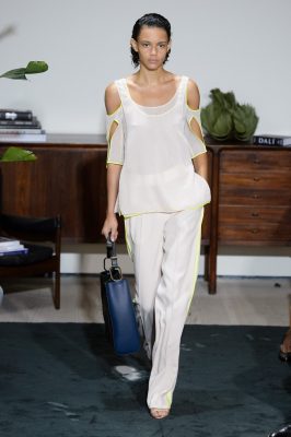 The Shoulder Cut Out: Garments with cut out shoulders were a fixture at all four fashion capitals. Do the unexpected and opt for a sporty top and trouser combination as offered up by Jason Wu.