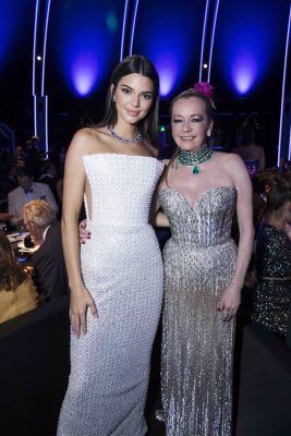 Kendall Jenner embraces the jeweller’s space theme with a sharp and slicked straight haircut, as well as a sparkly silver Ralph&Russo spring/summer17 couture gown.